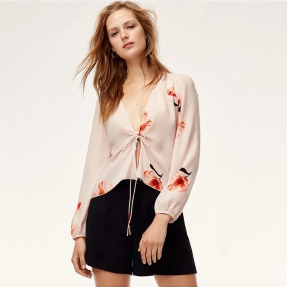 Wilfred | Aritzia Tia floral flowy long sleeve blouse cream size small front tie - Picture 2 of 8